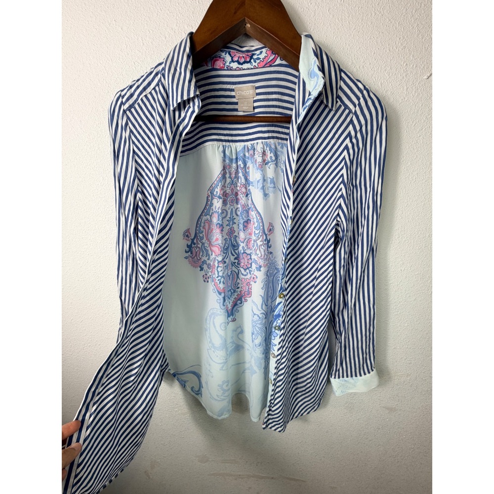 Chico's Women Button Front Shirt Blue Size 0 Striped Paisley Mixed Media Blouse